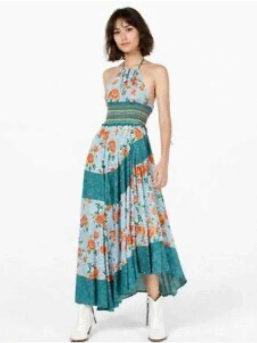 Free People Teal Halter Backless Maxi Dress with Orange Floral Print - Picture 5 of 8